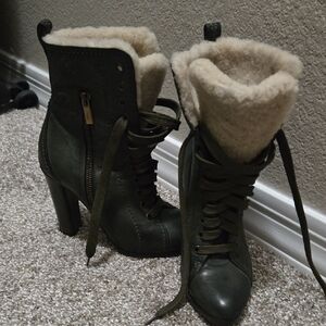 Donald J. Pliner Dark Green Heeled Boots with Cream Shearling